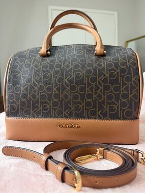 Calvin Klein Monogram Satchel Crossbody Brown Tan